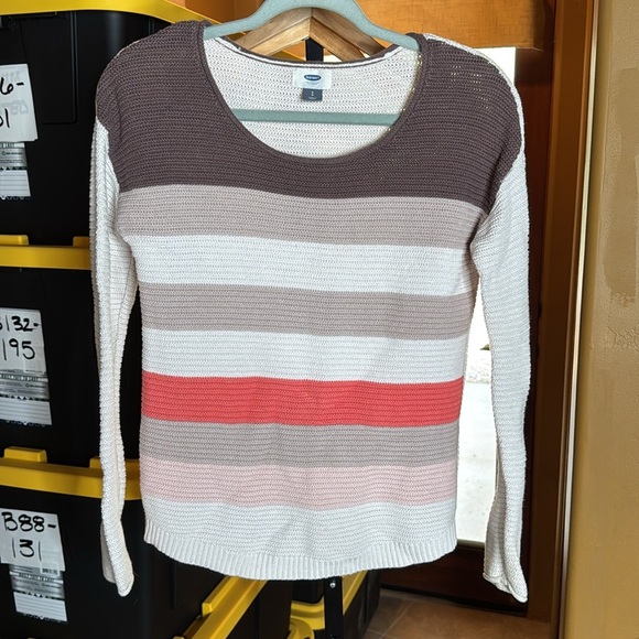 Old Navy Brown Coral Crew Neck Sweater with Color-Block Stripe Design Size Small - Picture 3 of 7